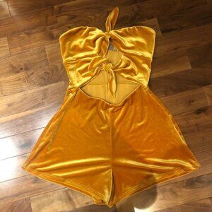 Urban Outfitters Romper Bows Gold Crushed Velvet Velour Cut Out Sleeveless XS